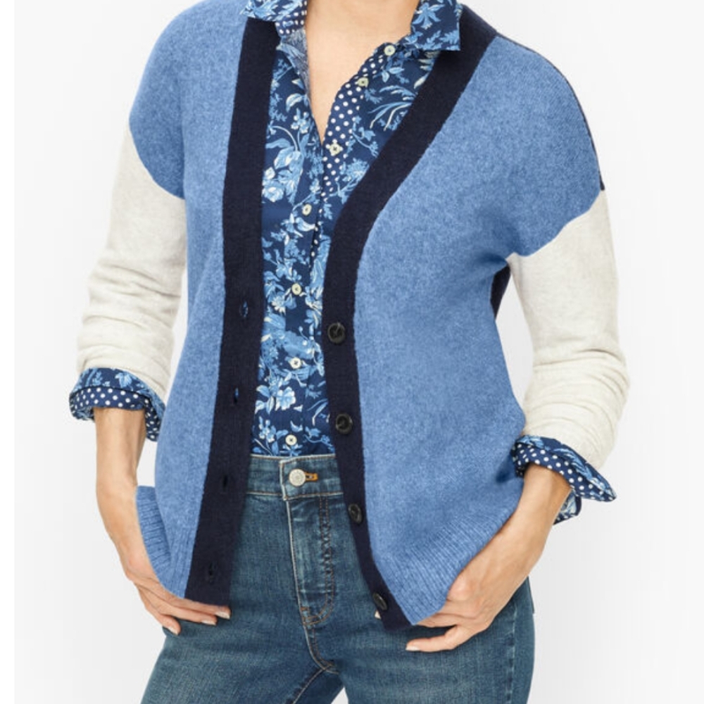 Women's Talbots Colorblock Button Front Knit‎ Cardigan, Blue & Gray, Sz L Petite